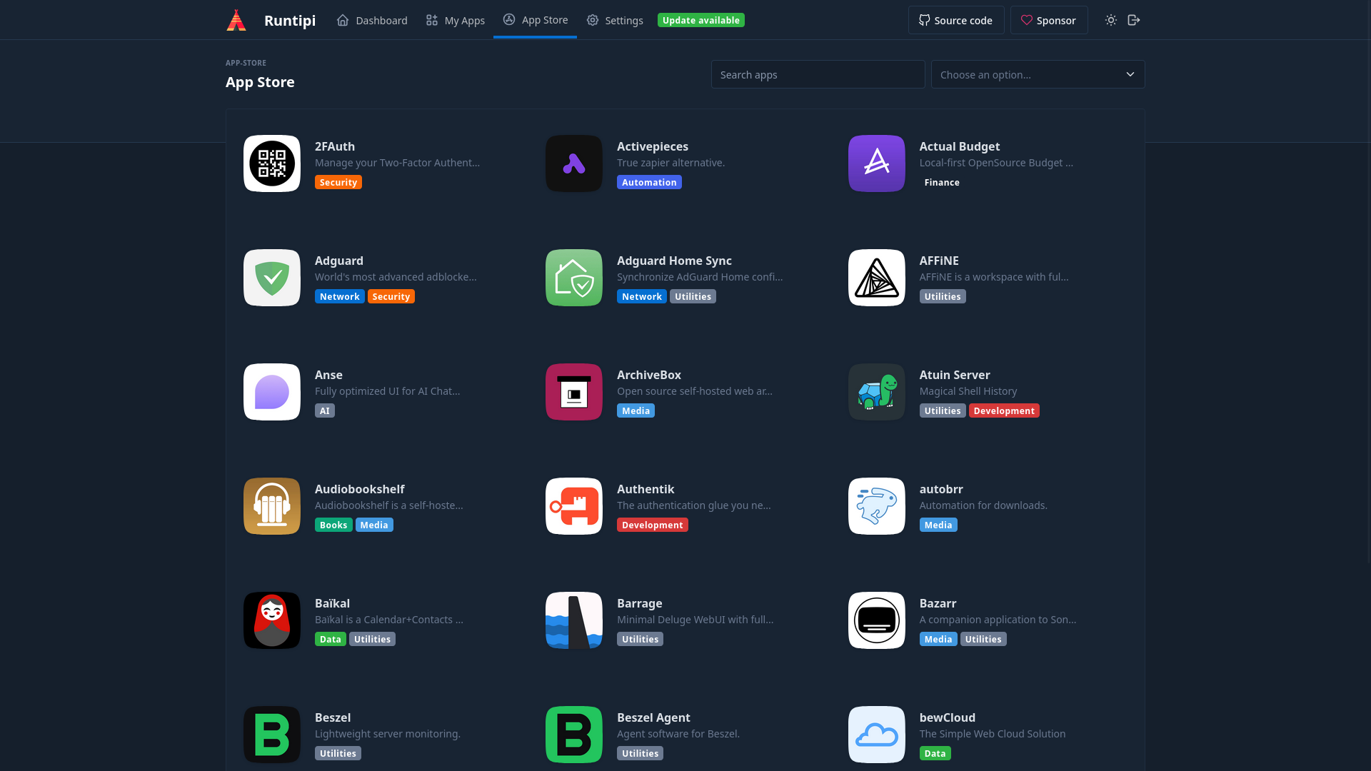 Screenshot of Runtipi&apos;s appstore